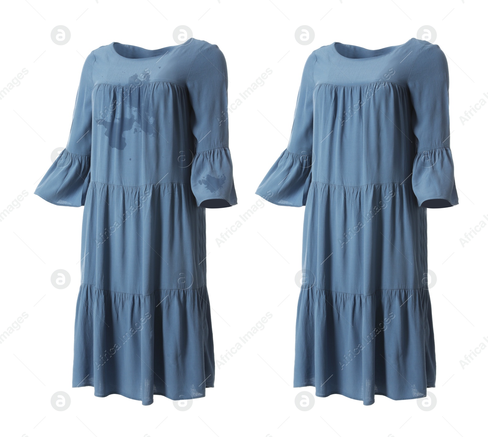 Image of Stylish dress before and after dry-cleaning on white background