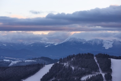 Photo of Beautiful mountain landscape with forest in winter