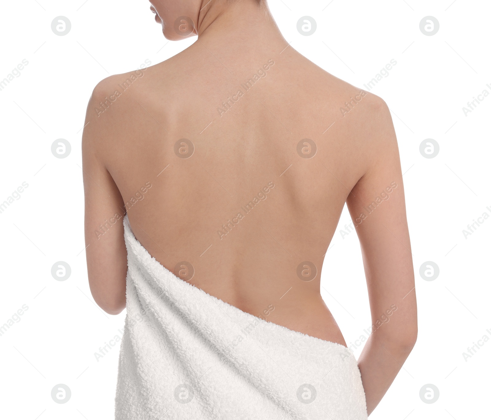 Photo of Back view of woman with perfect smooth skin on white background, closeup