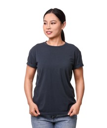 Photo of Woman wearing black t-shirt on white background