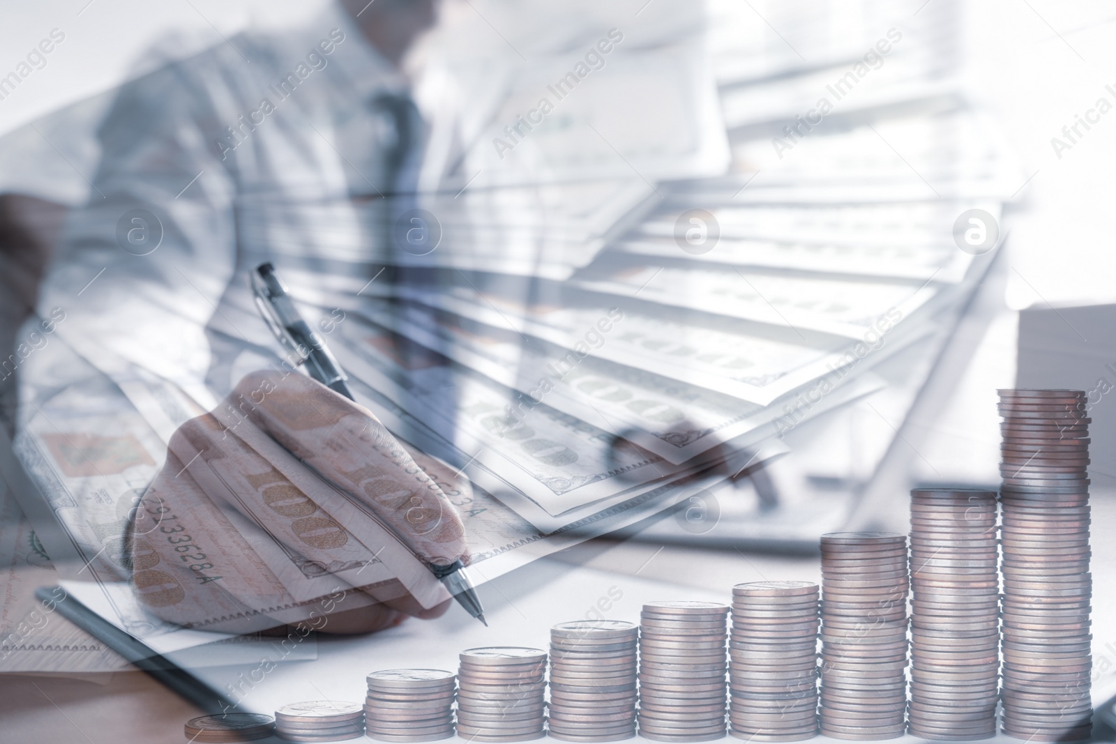 Image of Multiple exposure of businessman, US coins and dollar banknotes, closeup. Financial value 