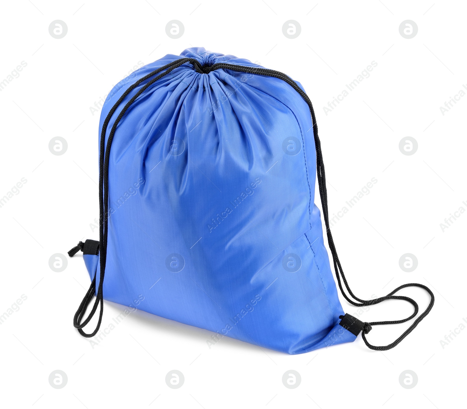 Photo of One blue drawstring bag isolated on white