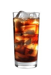 Photo of Glass of refreshing cola with ice on white background