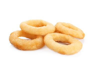 Freshly cooked onion rings on white background