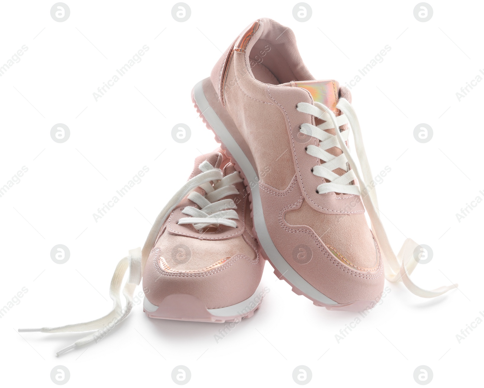 Photo of Stylish pink sneakers with shoelaces on white background
