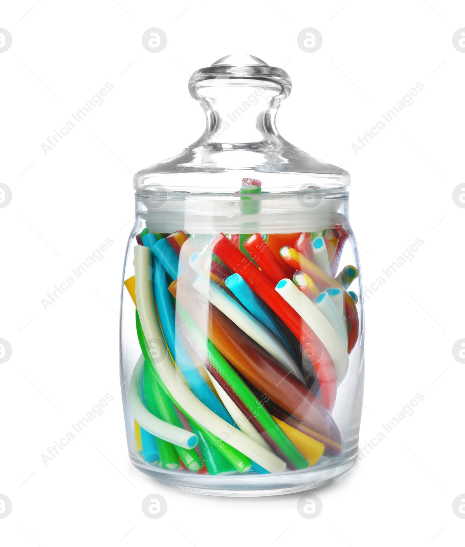 Photo of Jar with delicious colorful candies on white background