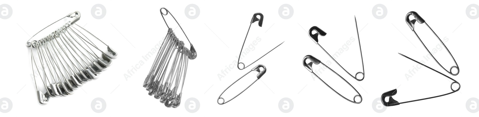 Image of Set with safety pins on white background. Banner design