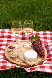 Glasses of white wine and snacks for picnic served on blanket outdoors