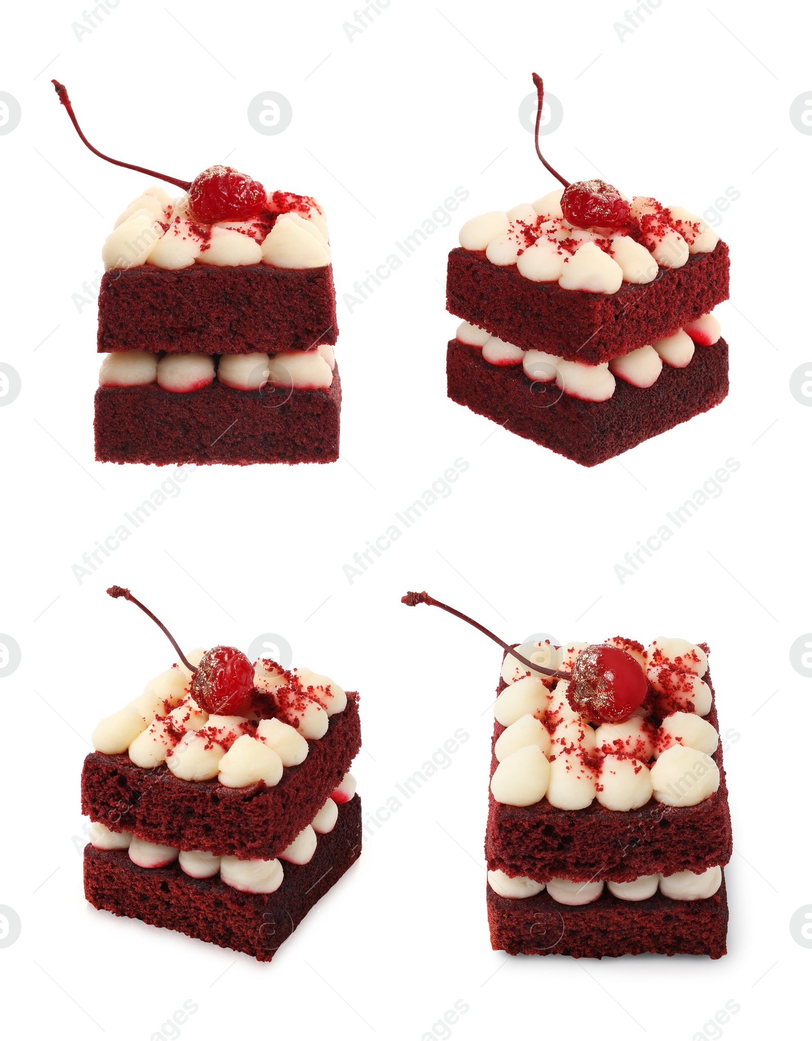 Image of Collage with tasty red velvet cake isolated on white background, different angles