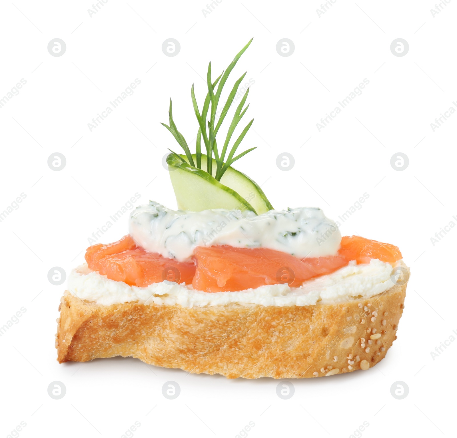 Photo of Tasty canape with salmon, cucumber, cream cheese and dill isolated on white