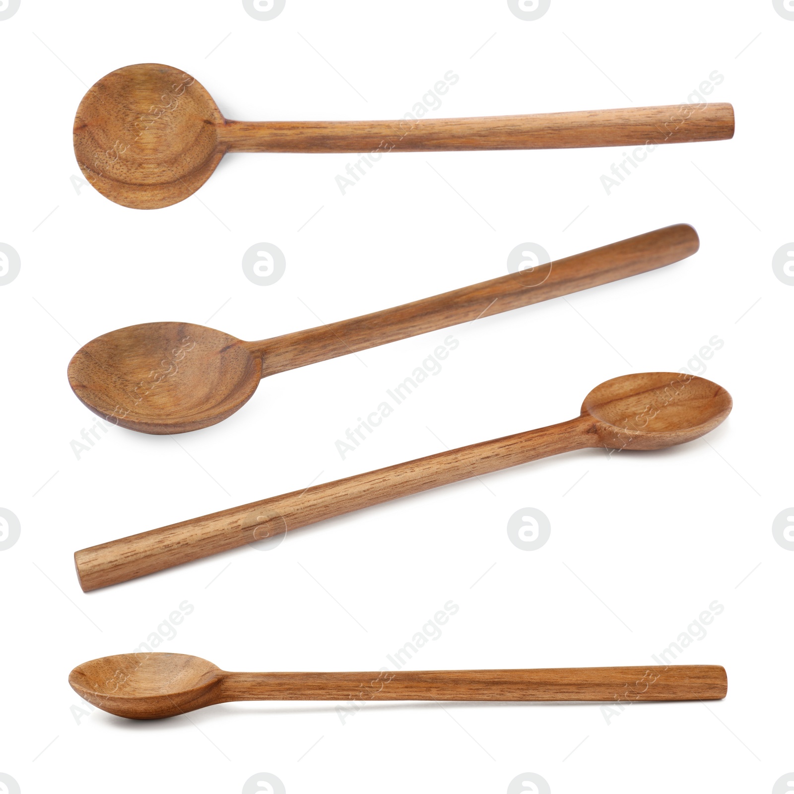 Image of Wooden spoons on white background, collage. Cooking utensil