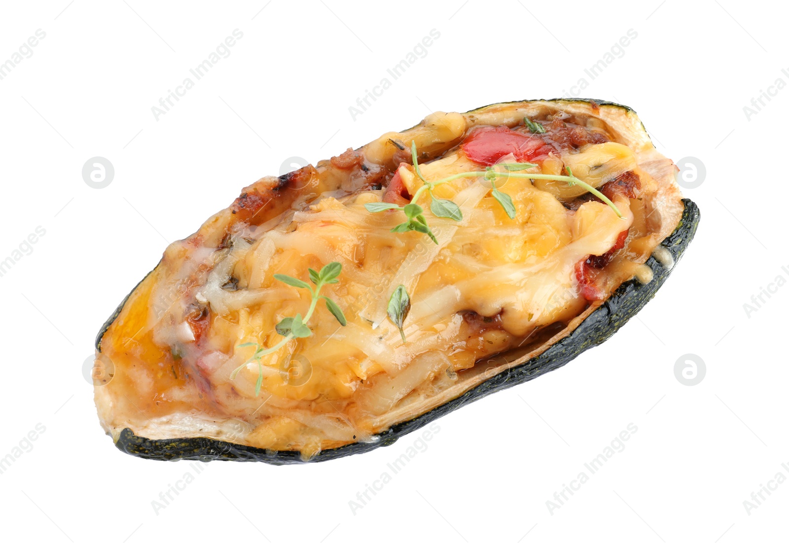 Photo of Baked stuffed zucchini on white background, top view