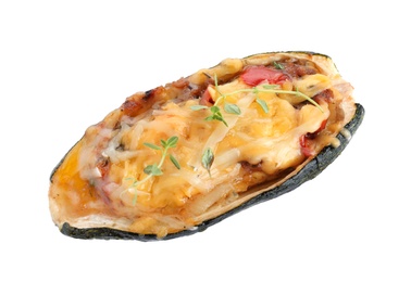 Photo of Baked stuffed zucchini on white background, top view