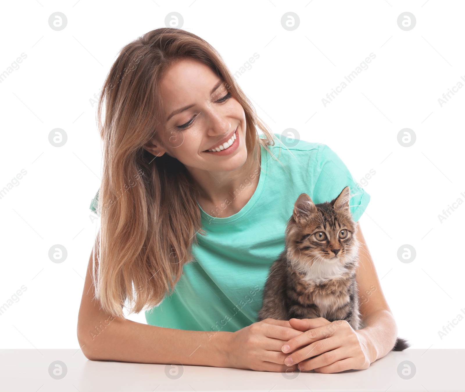 Photo of Young woman with cat on white background. Owner and pet