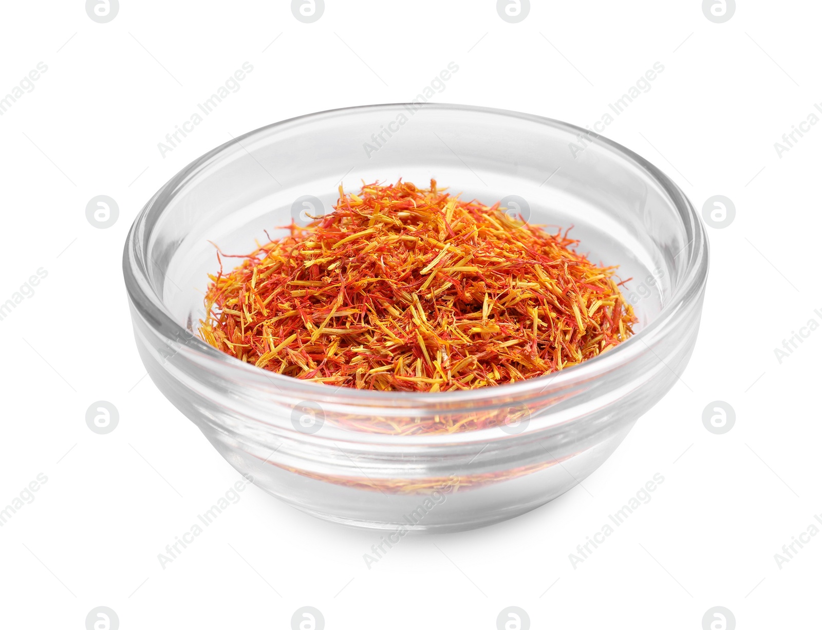 Photo of Aromatic saffron in bowl isolated on white