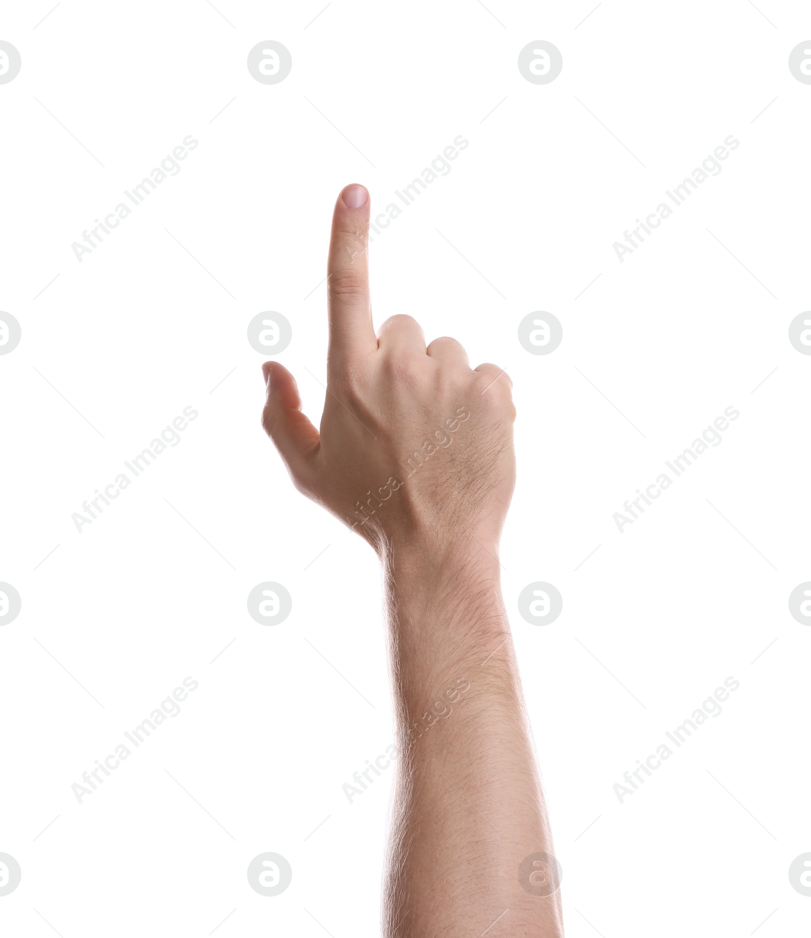 Photo of Man pointing at something on white background, closeup of hand