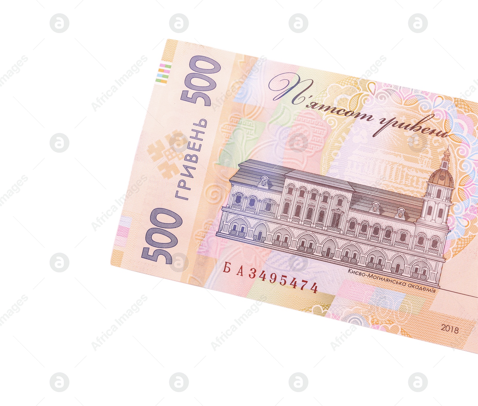 Photo of 500 Ukrainian Hryvnia banknote on white background, top view