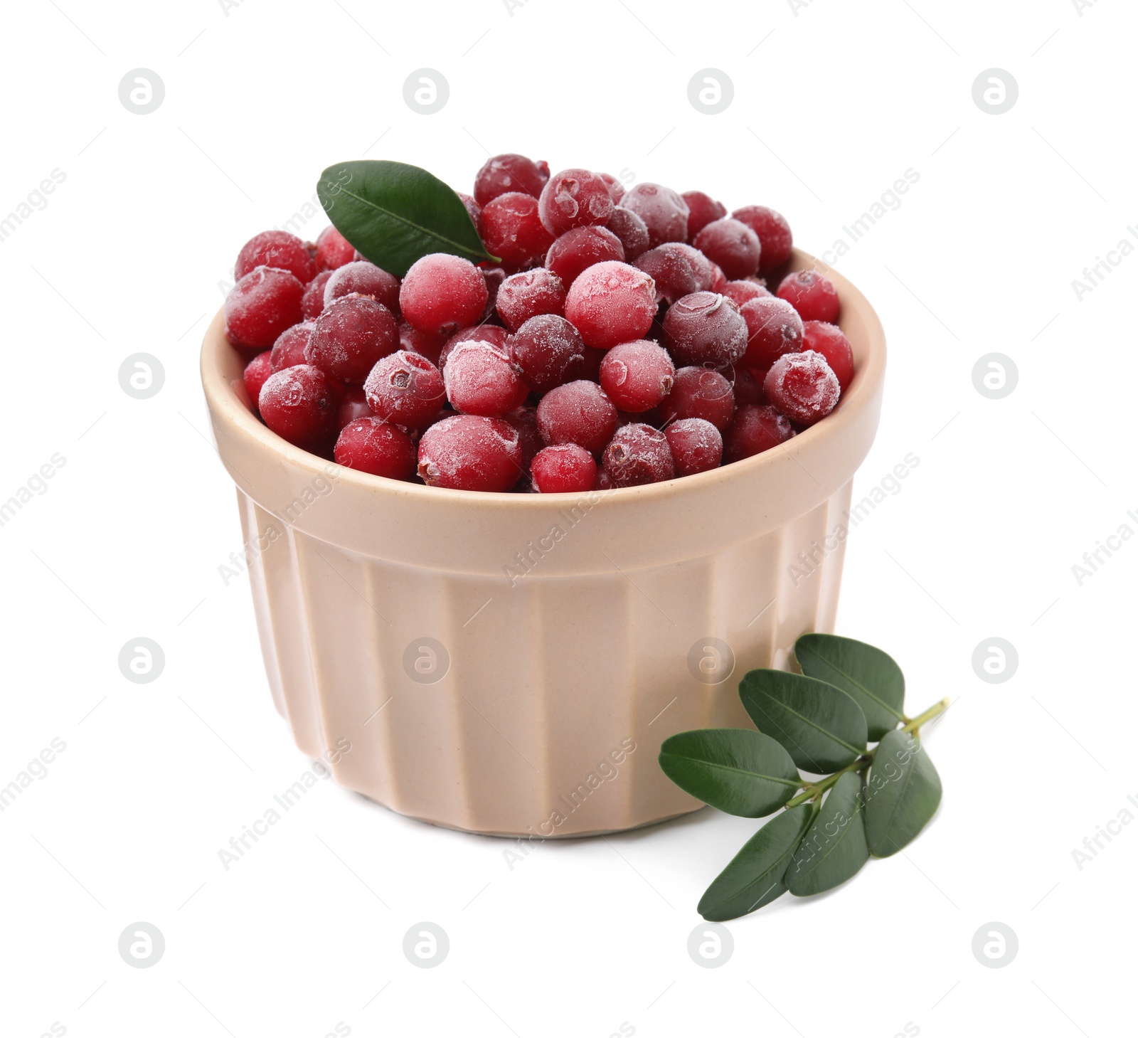 Photo of Frozen red cranberries in bowl and green leaves isolated on white