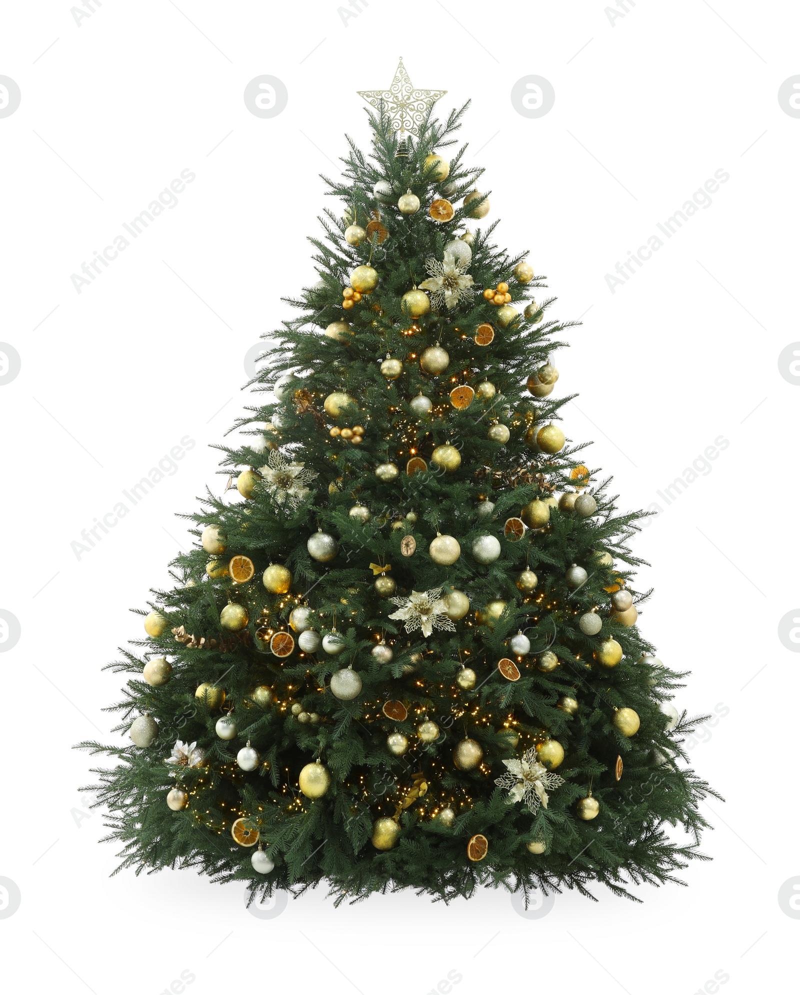 Photo of Beautiful Christmas tree decorated with ornaments isolated on white