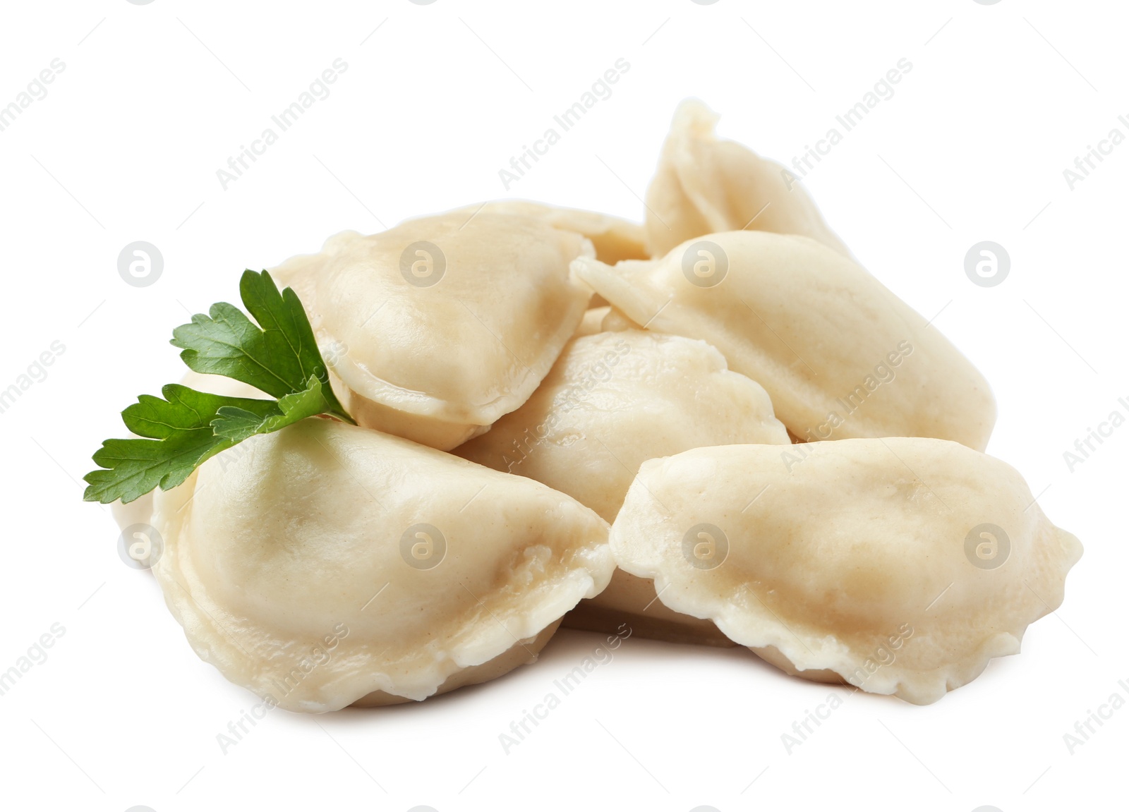 Photo of Boiled dumplings with tasty filling on white background