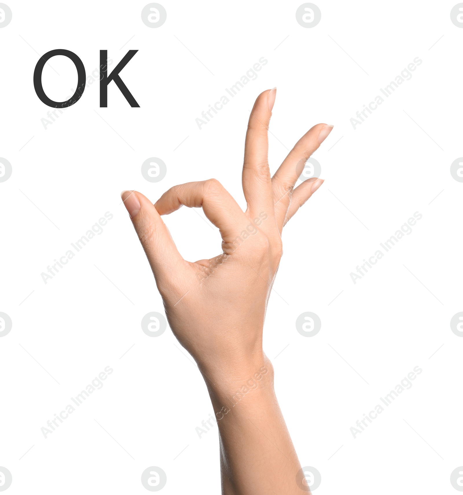 Image of Woman showing OK on white background, closeup. American sign language