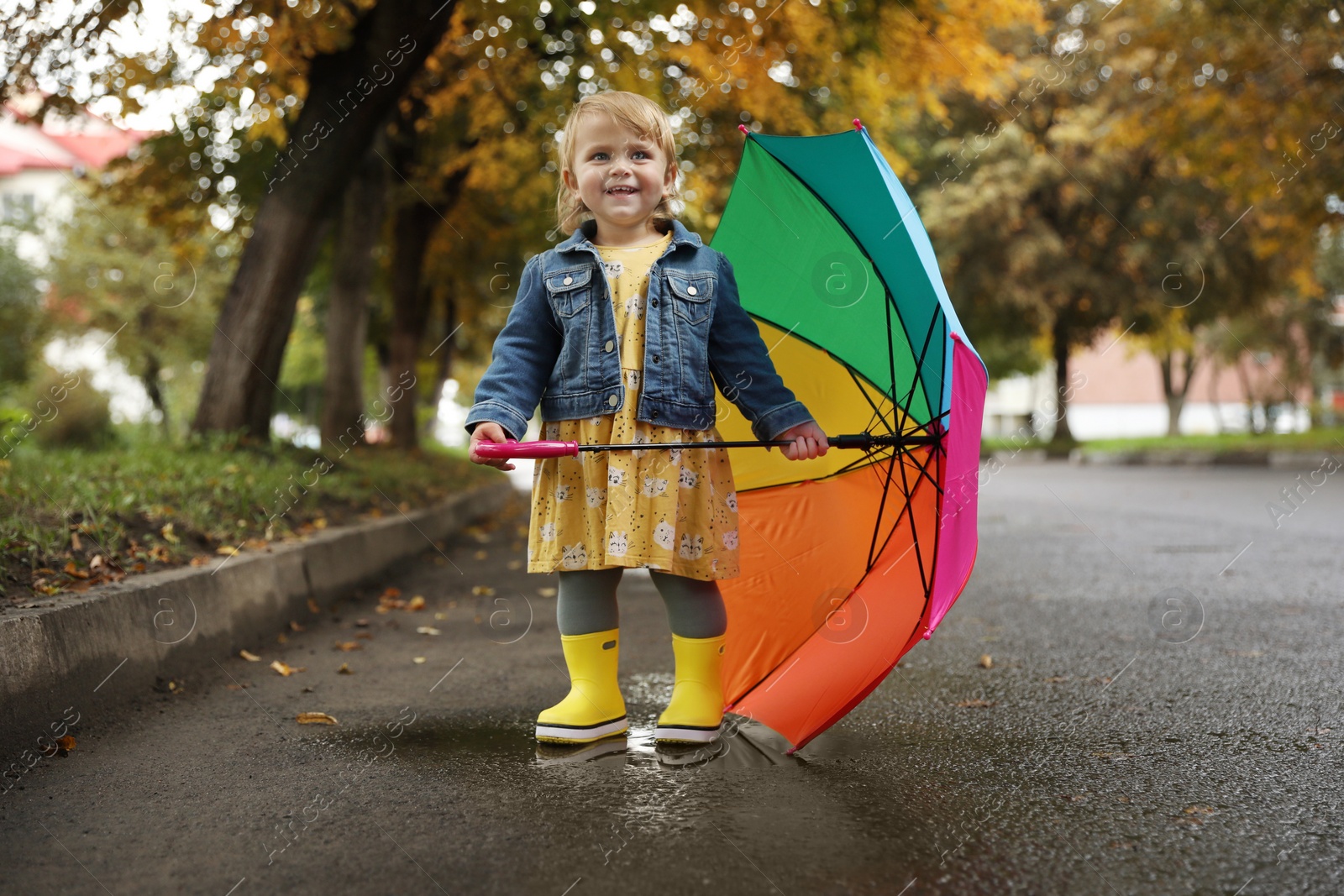 Photo of Cute little girl with colorful umbrella standing in puddle outdoors