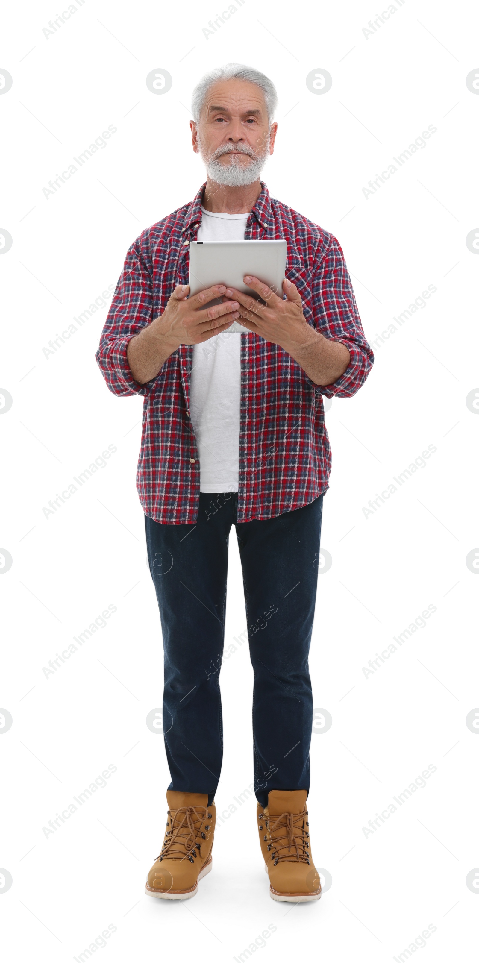 Photo of Senior man with tablet on white background