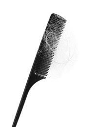 Photo of Comb with lost hair isolated on white, top view