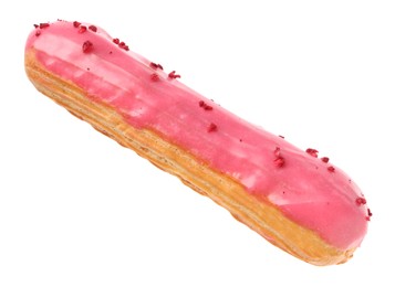 Photo of Delicious eclair covered with pink glaze isolated on white