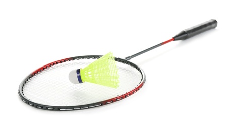 Photo of Badminton racket and shuttlecock on white background