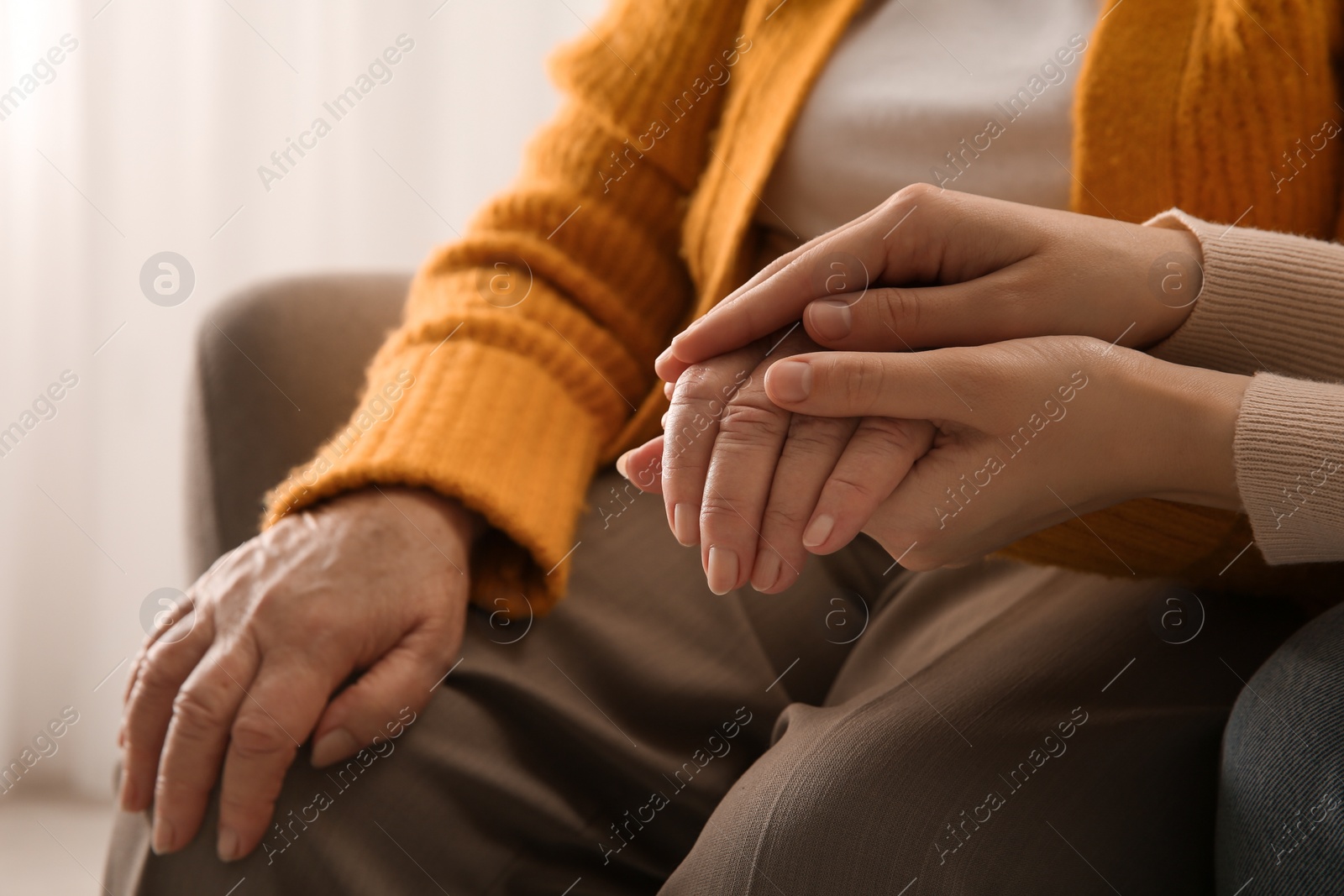 Photo of Young and elderly women holding hands together indoors, closeup. Space for text