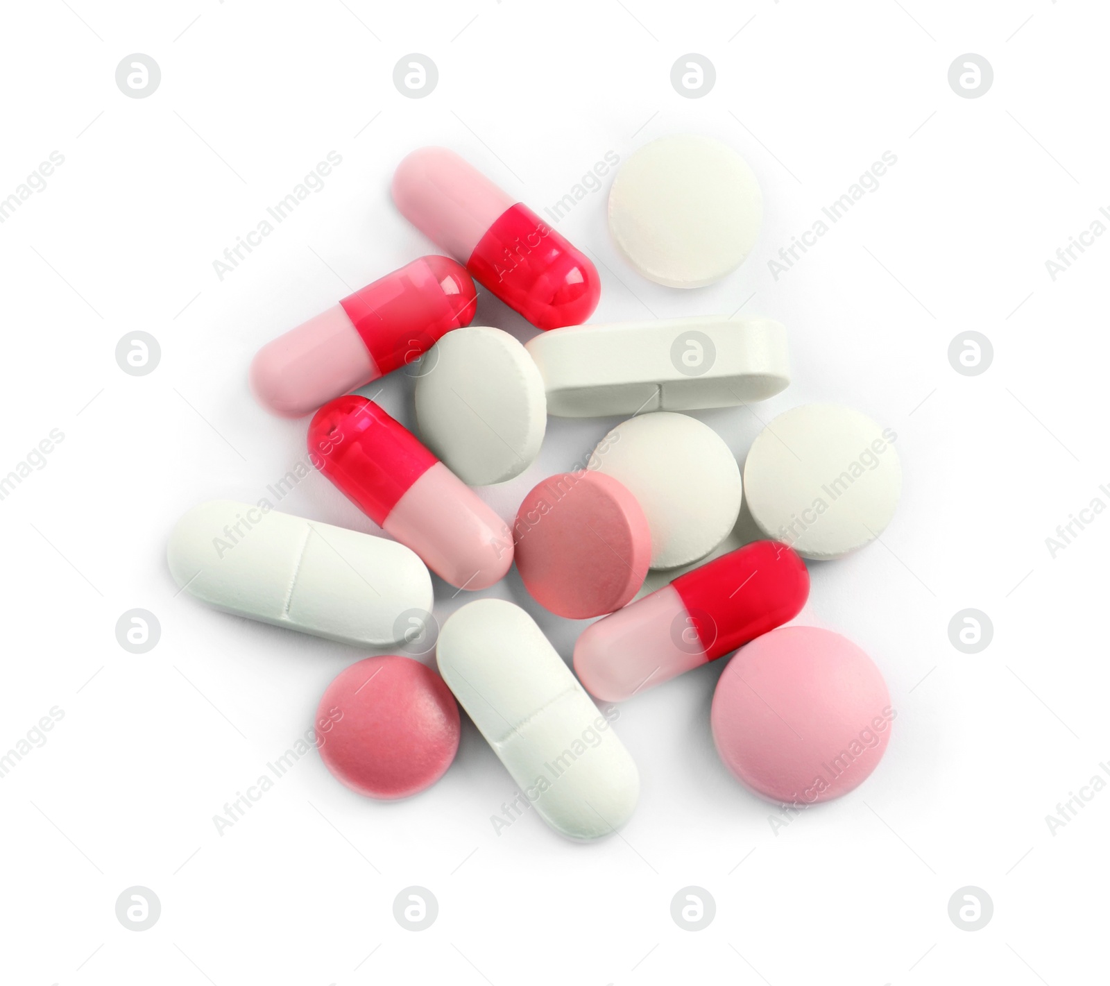 Photo of Many different pills isolated on white, top view