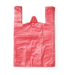 Photo of Stack of red plastic bags isolated on white, top view