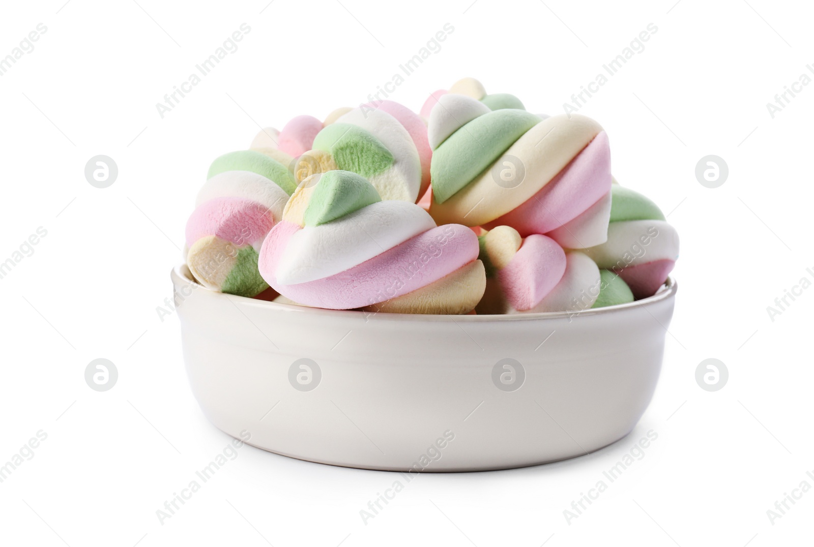 Photo of Delicious colorful marshmallows in bowl isolated on white