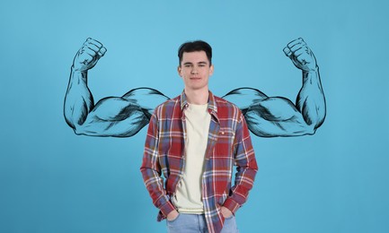 Strong man on light blue background, banner design. Illustration of muscular arms behind him