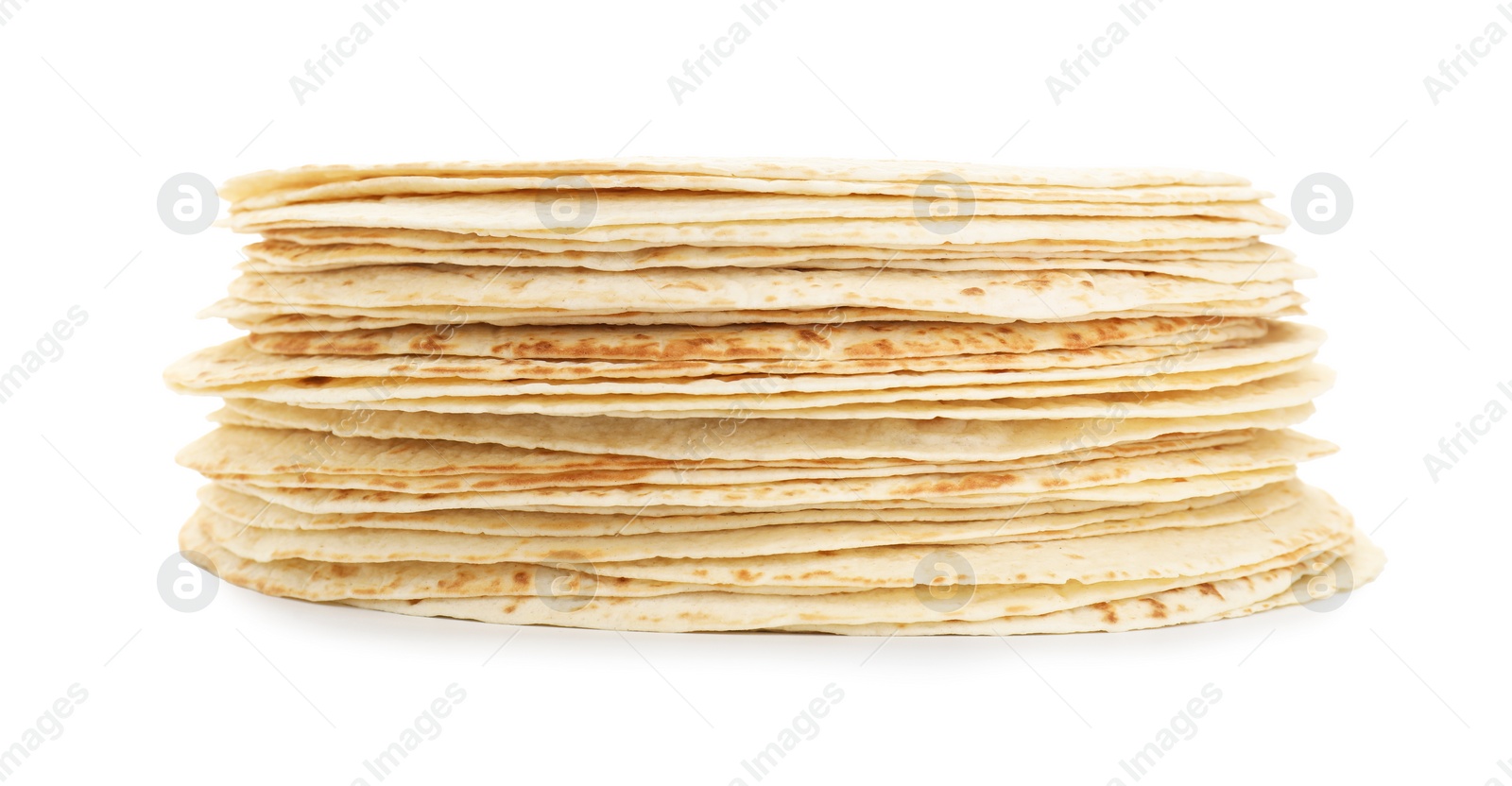 Photo of Many tasty homemade tortillas isolated on white