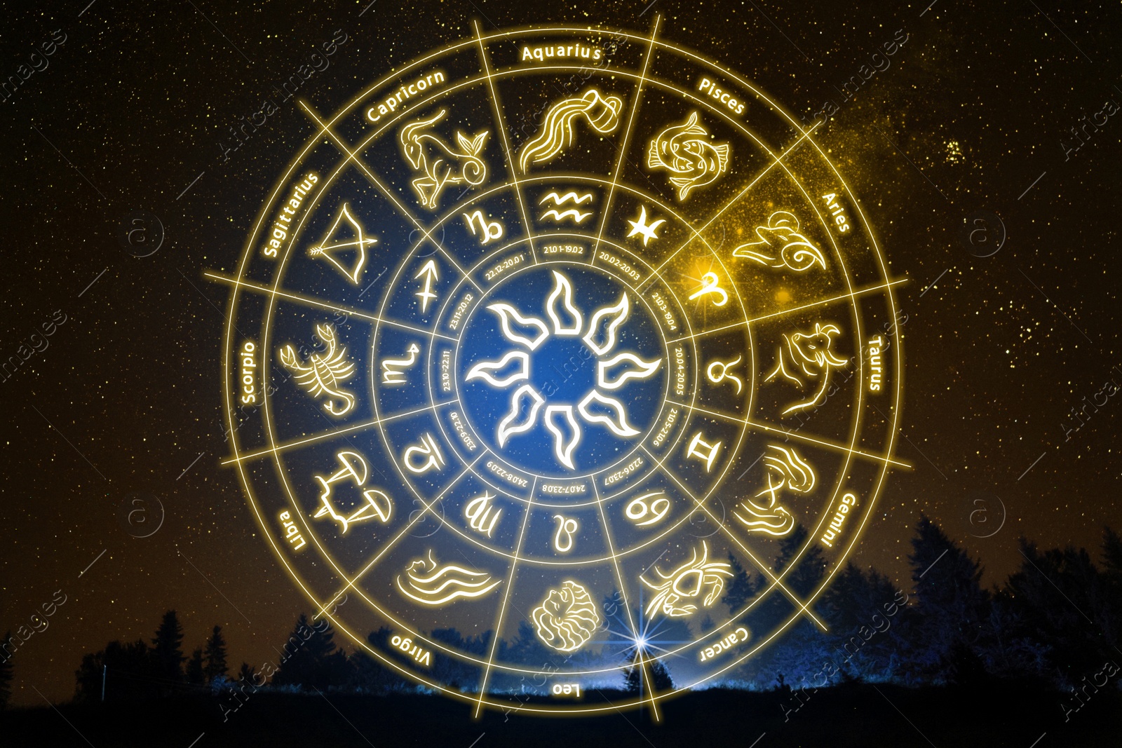 Image of Zodiac wheel showing 12 signs against night sky