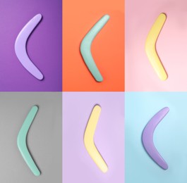 Image of Collage with photos of boomerangs on different color backgrounds, top view 