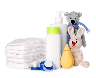 Photo of Set of baby accessories on white background