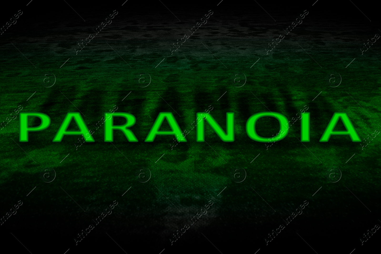 Image of Mental disorder. Bright word Paranoia on dark surface, toned in green