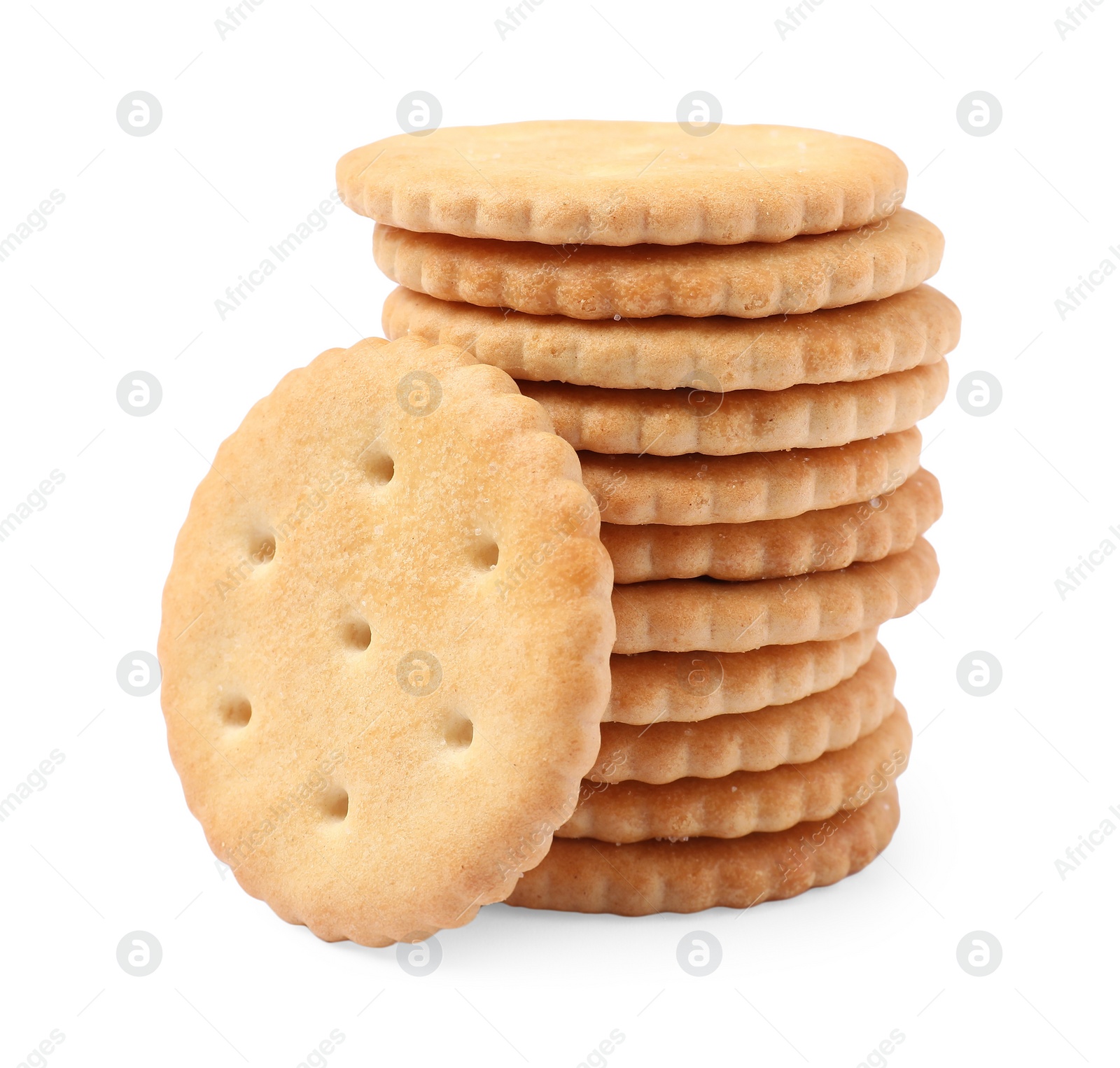 Photo of Tasty crispy round crackers isolated on white