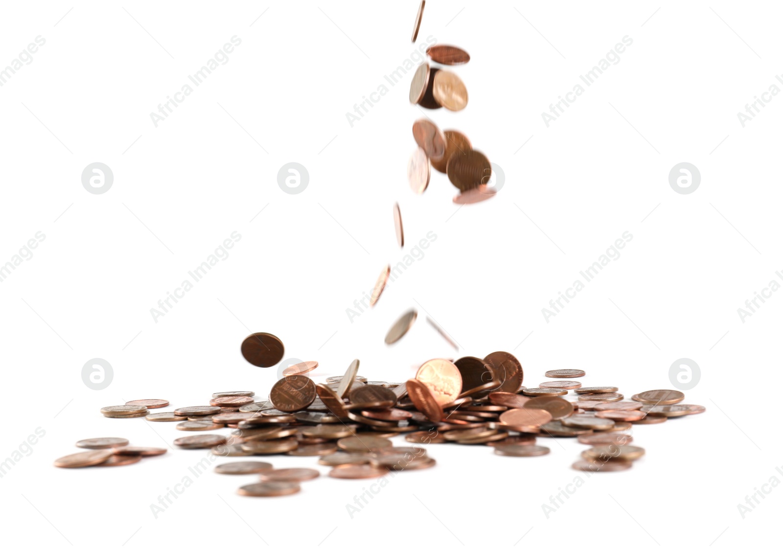 Photo of Coins falling down into pile isolated on white