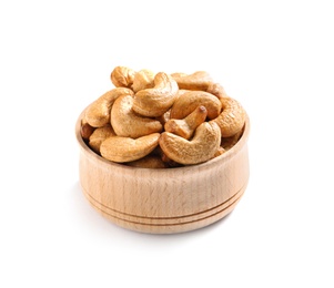 Photo of Tasty cashew nuts in bowl isolated on white