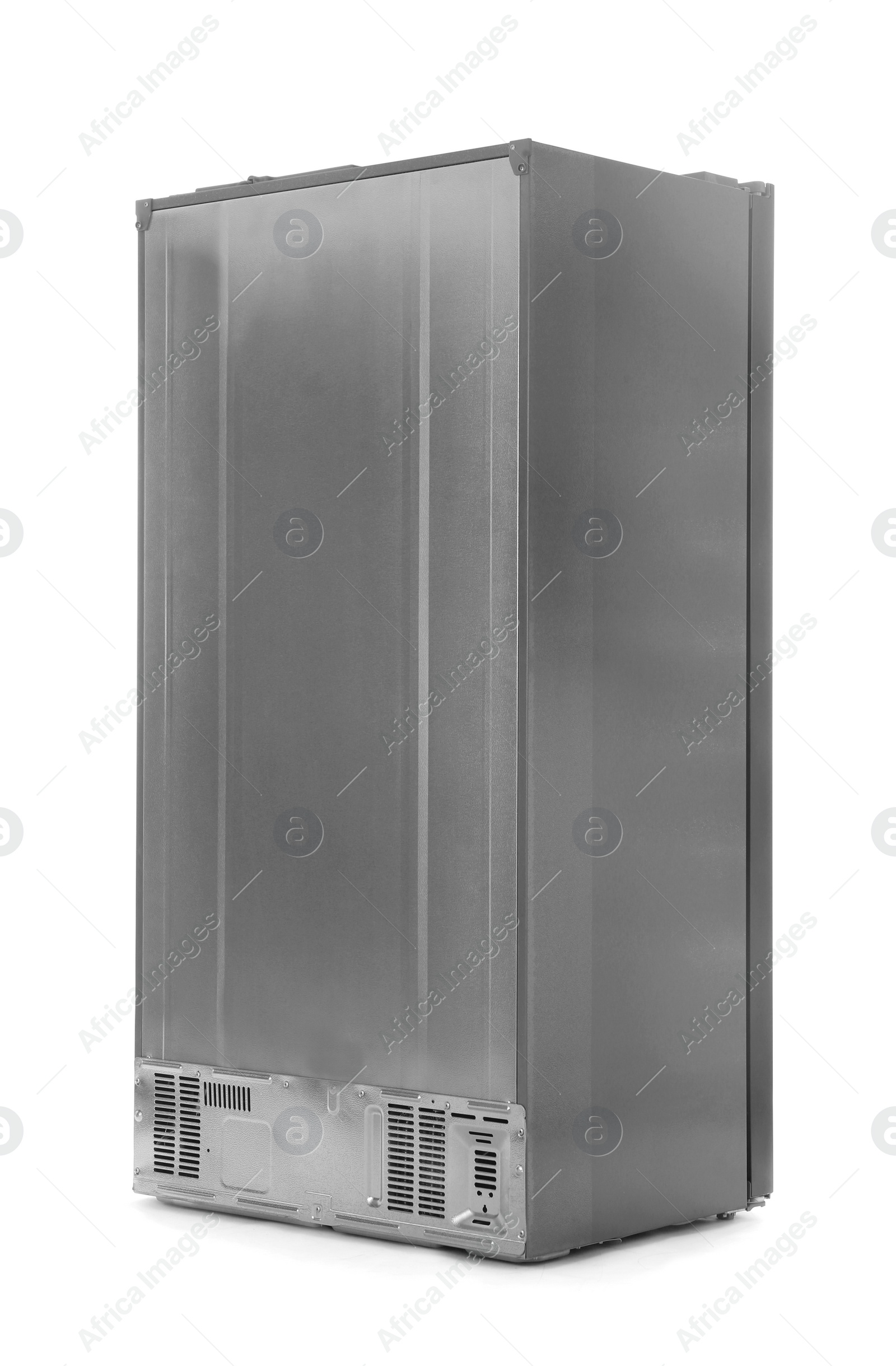 Photo of New modern refrigerator isolated on white, back view