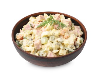 Photo of Tasty Olivier salad with boiled sausage in bowl isolated on white