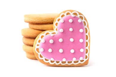 Photo of Homemade heart shaped cookies on white background