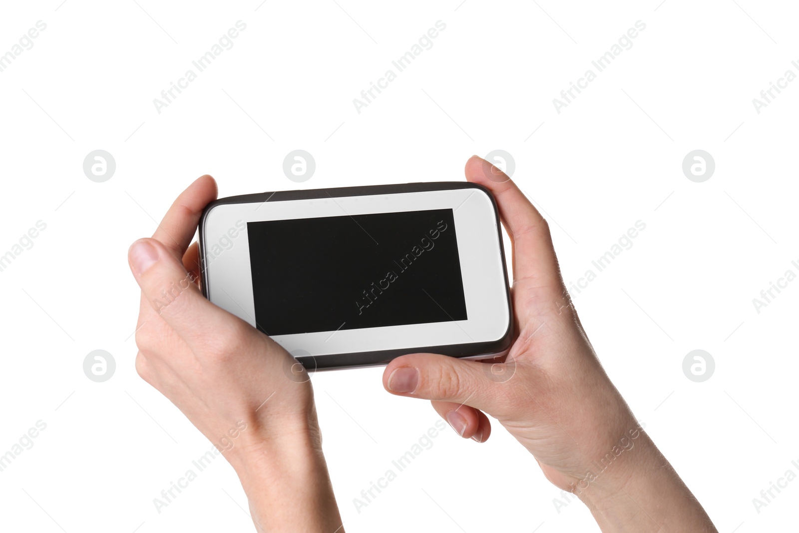 Photo of Woman holding modern monitor on white background, closeup, space for text. CCTV equipment