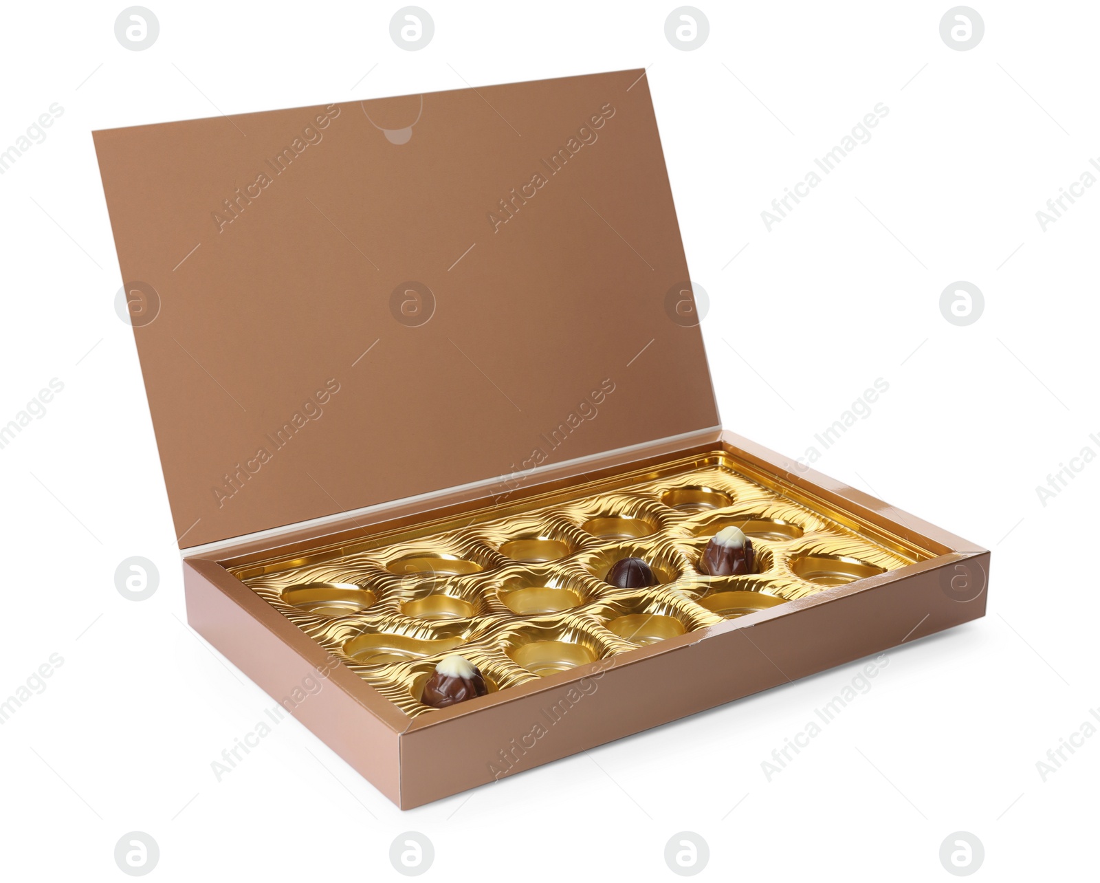 Photo of Partially empty box of chocolate candies isolated on white