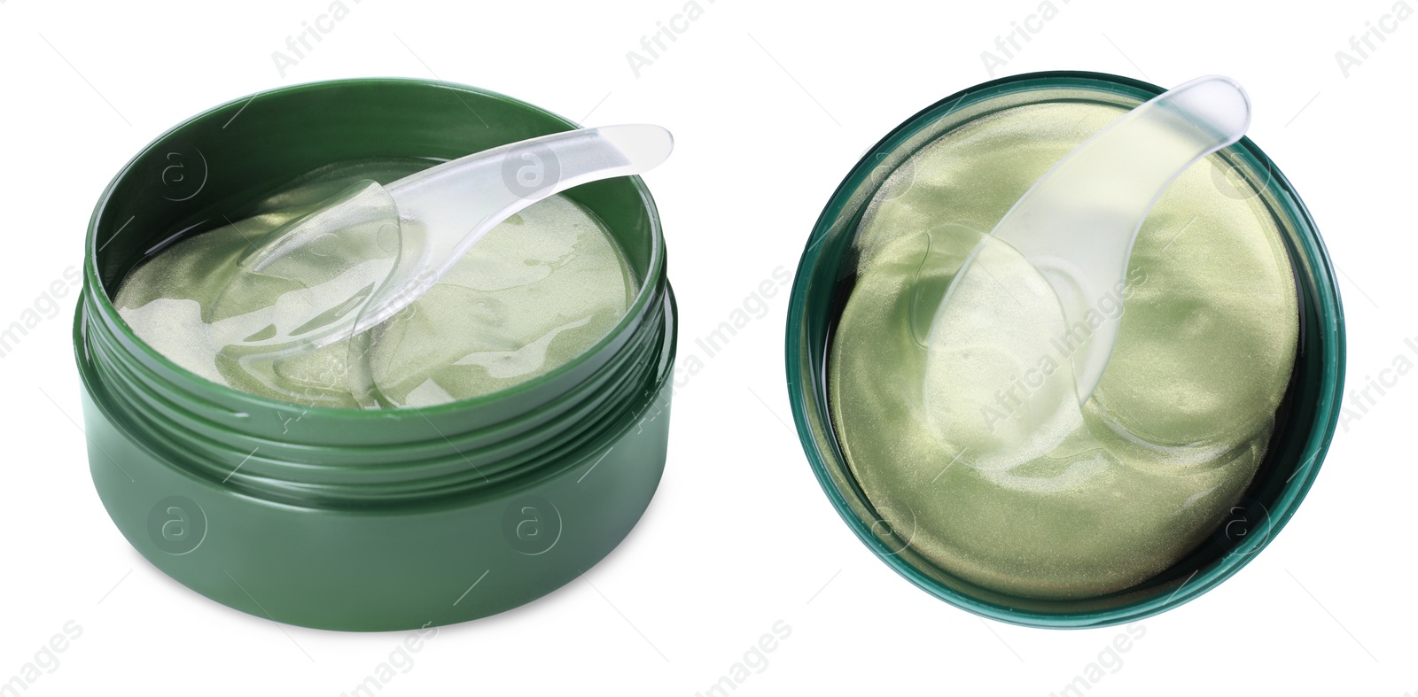 Image of Under eye patches in jars on white background, collage. Banner design