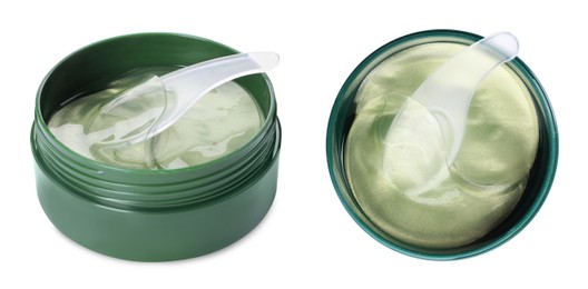 Image of Under eye patches in jars on white background, collage. Banner design